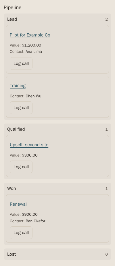 A board in an AI chat: deals in Lead, Qualified and Won lanes and an empty Lost lane, each deal with a Log call button.