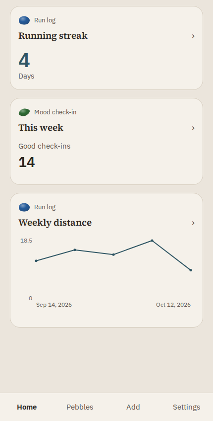 The pebblebase app's Dashboard on a phone, showing views from two pebbles.